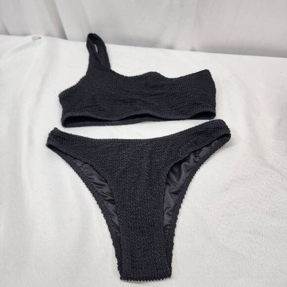 YIMISAN Women's Med Ribbed One Shoulder Top with Mid Waist Two Piece Bathing Sui - Picture 3 of 12